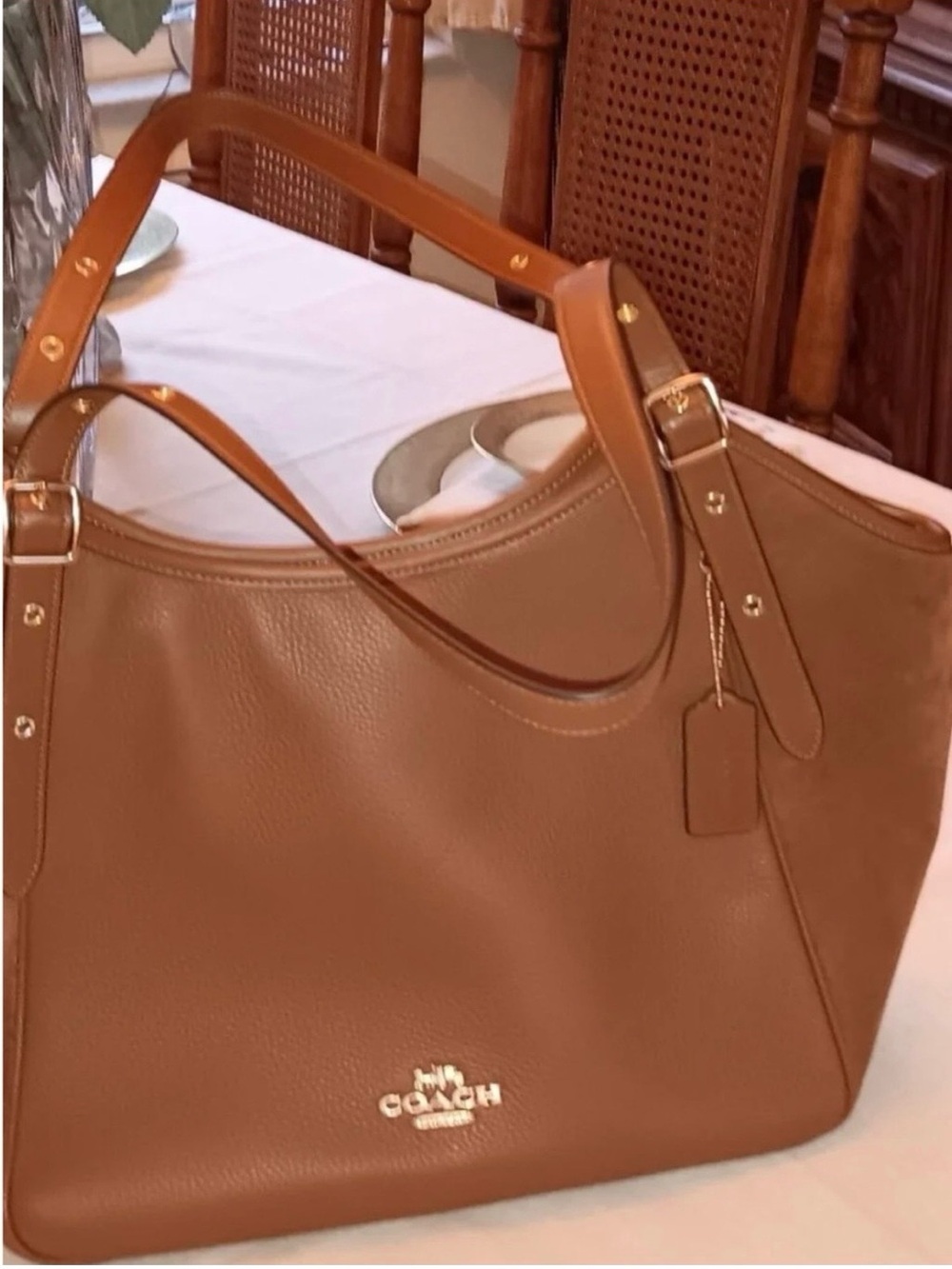 Coach Meadow Brown Pebble Leather Shoulder Tote with Gold Hardware
